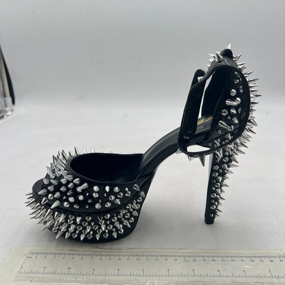 FSJ Black Spiked High Heel with Studded Ankle Strap Peep Toe Platform Sandals - Picture 2 of 8
